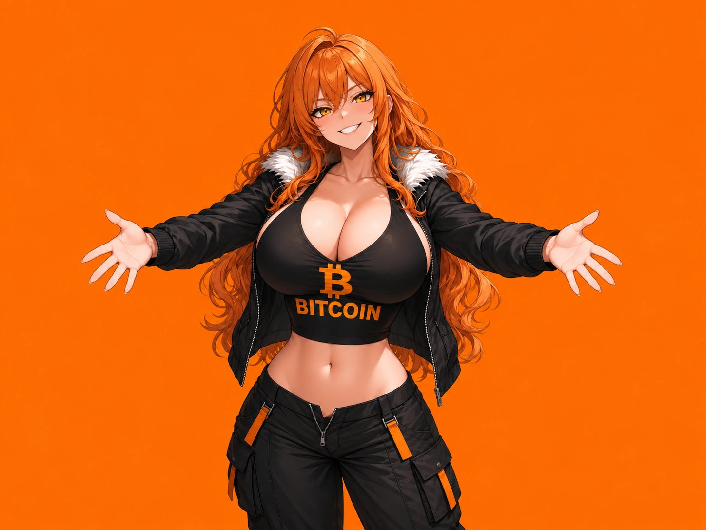 Big Titty Coin’s orange-haired illustrated mascot wearing the Bitcoin symbol